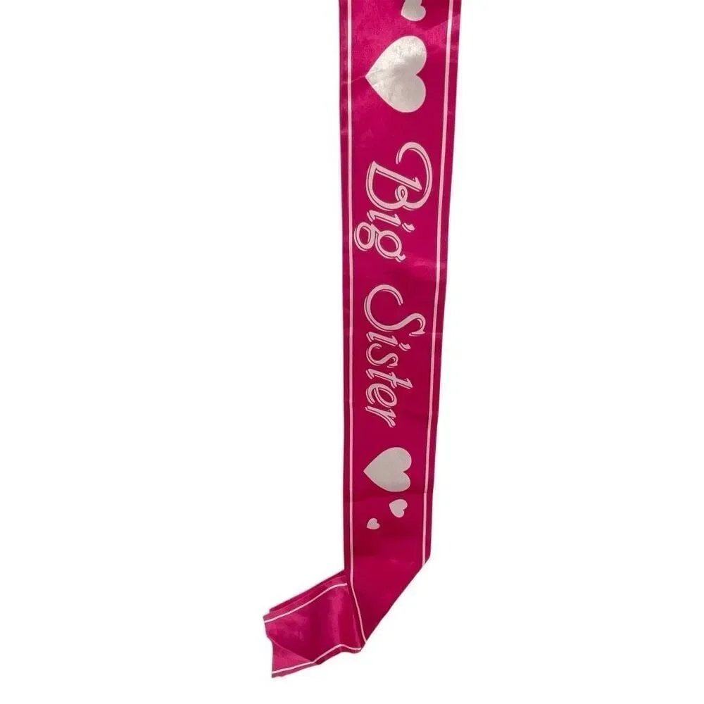 Big Sister Pink Satin Sash Heart Print Party Celebration Accessory